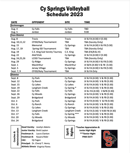 CySprings Volleyball Schedule 2023-24